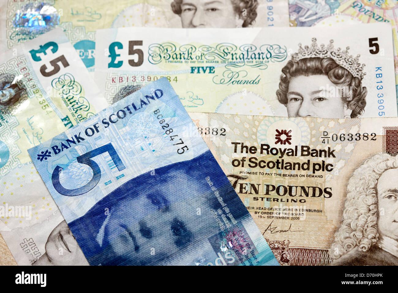 pounds sterling from scottish banks and bank of england Stock Photo