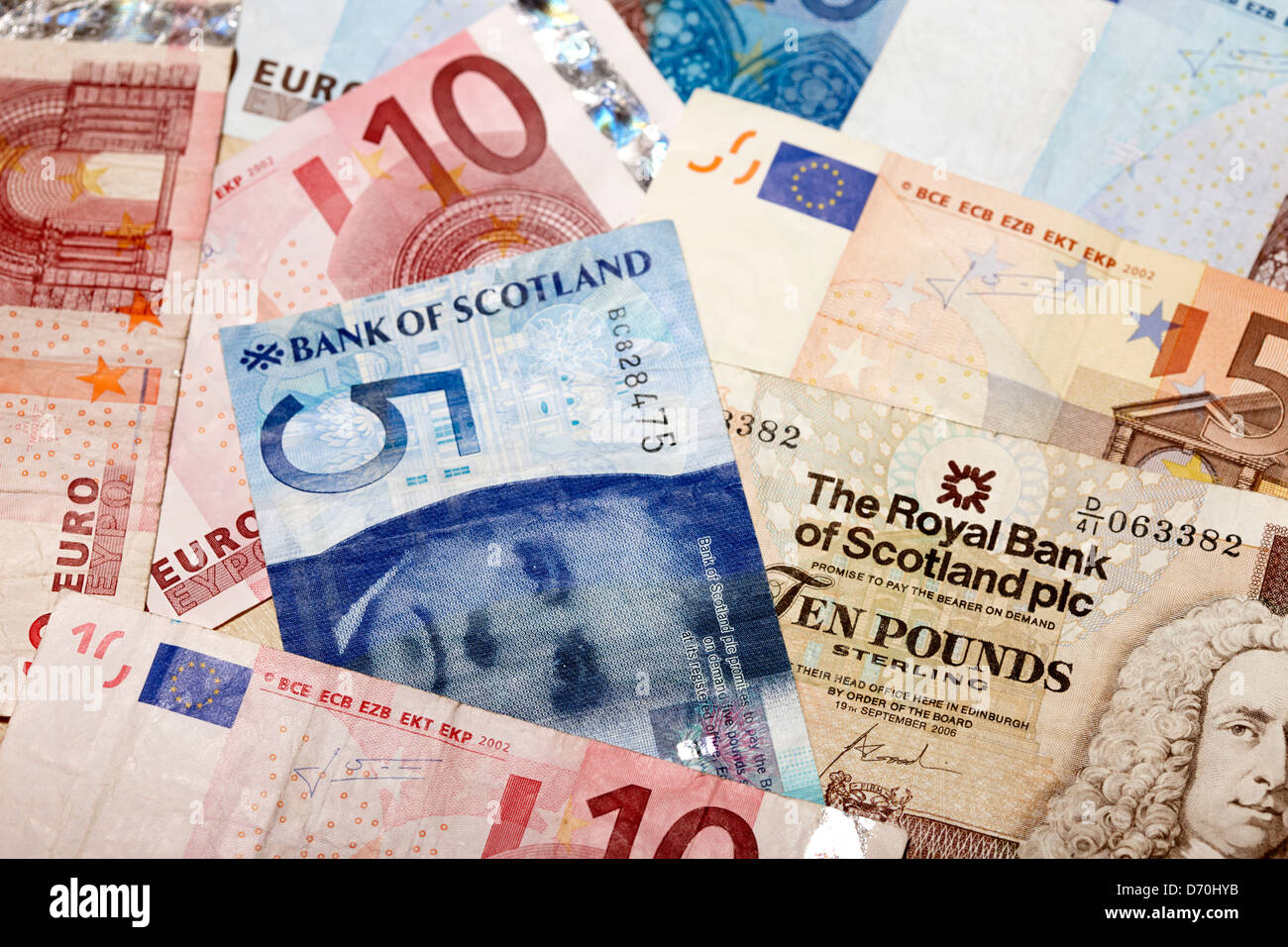 pounds sterling from scottish banks and euro banknotes Stock Photo