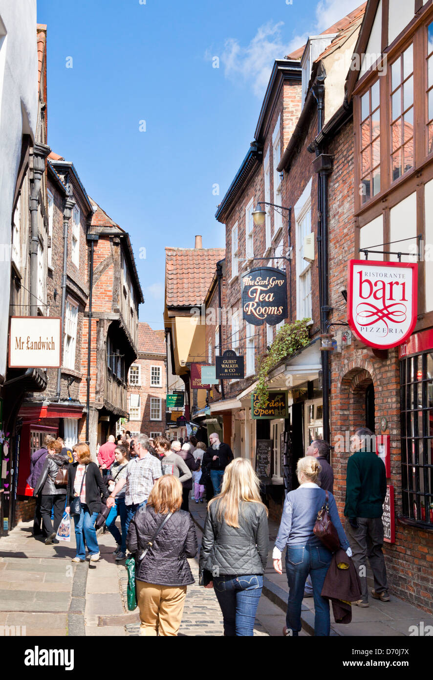 The Shambles, the narrow street of half-timbered old medieval buildings, York, North Yorkshire England, UK, GB, EU, Europe Stock Photo