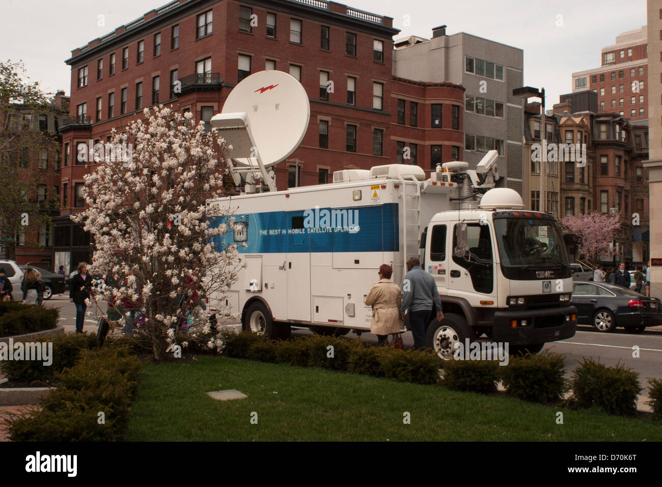 Newbury Street has media satellite truck parked as news was still broadcast  from Boston days after Marathon bombing April 15. Stock Photo