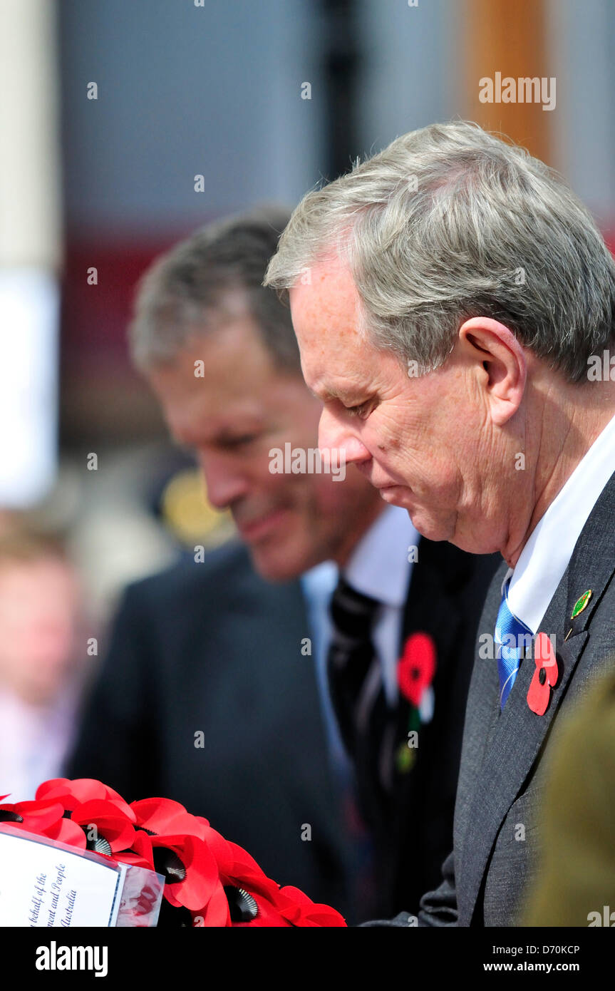 Anzac Day, London, UK. 25th April 2013. Wreath-laying at the Cenotaph Australian High Commissioner, Mike Rann, Lockwood Smith (NZ) behind. Stock Photo