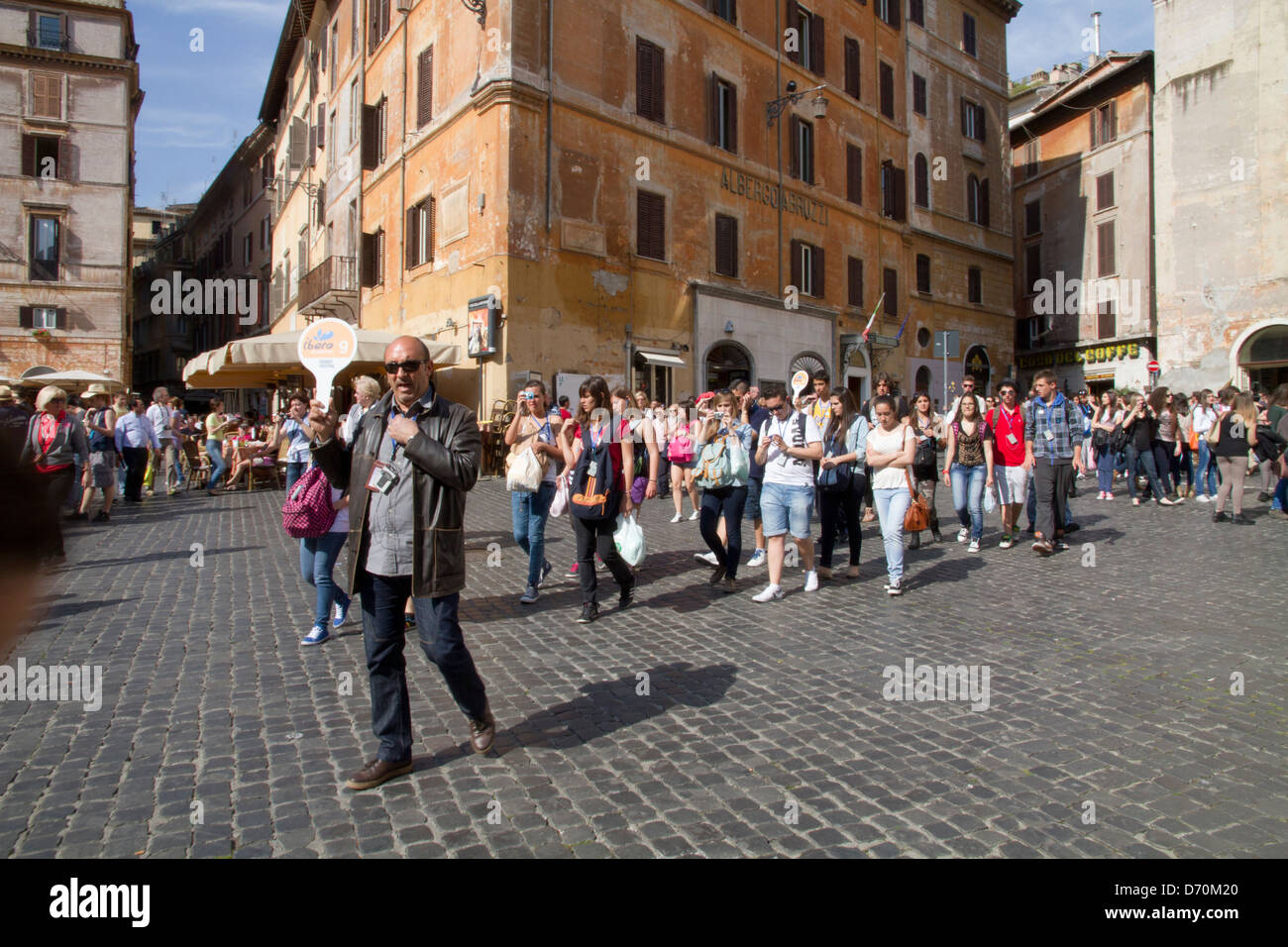Tourist guide and group discovering Rome city center, Piazza della Rotonda Stock Photo