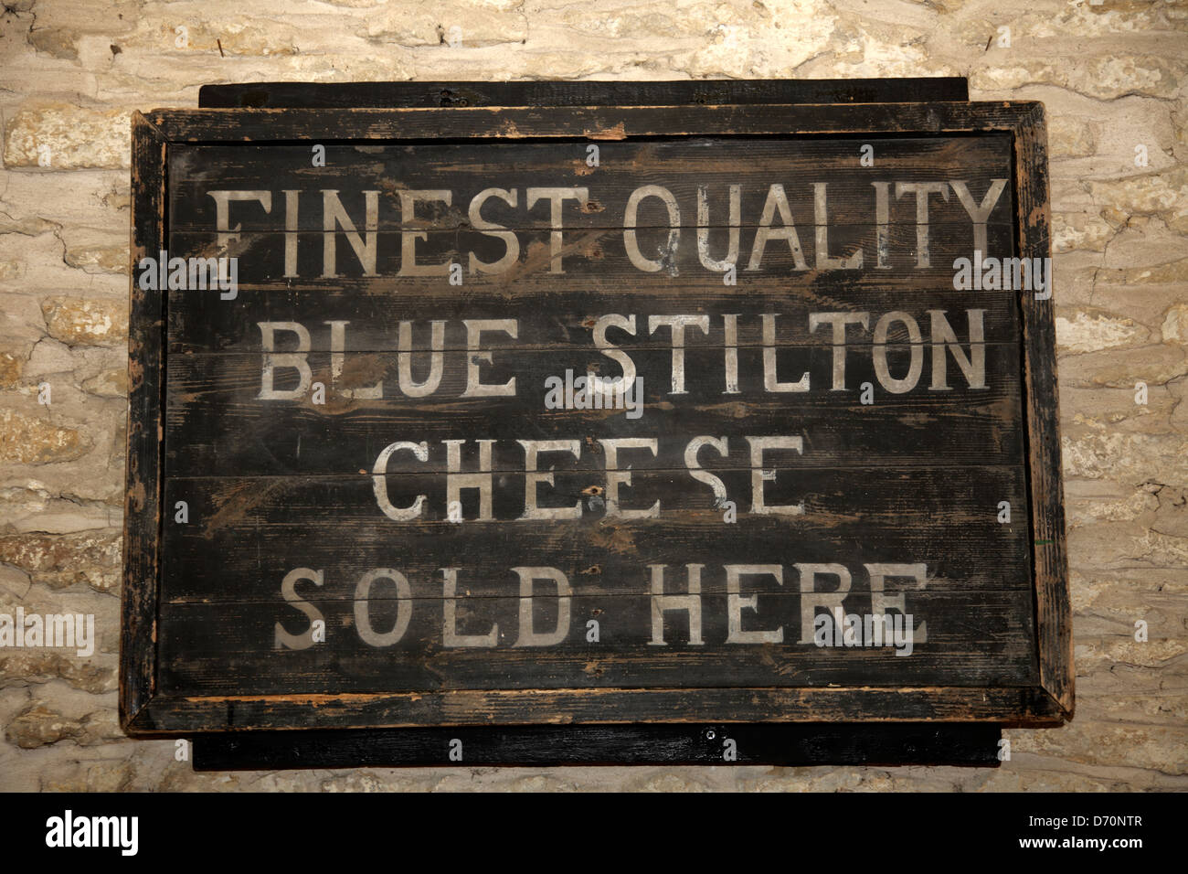 Blue Stilton Cheese sign in the Bell Inn Hotel, Stilton village, Cambridgeshire, England. Stock Photo