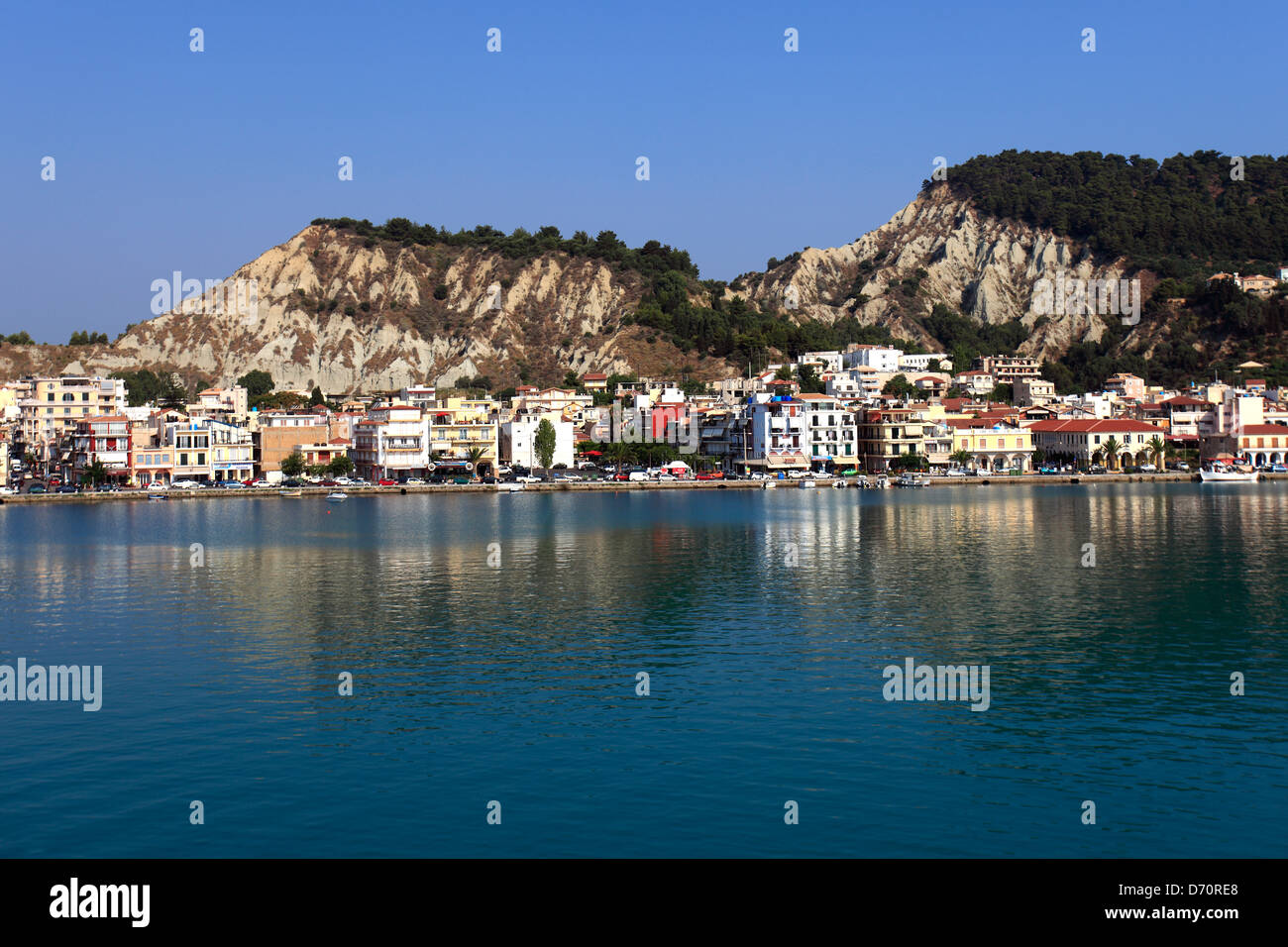 View over the harbour and Zakynthos town, Zakynthos Island, Zante, Greece, Europe. Stock Photo