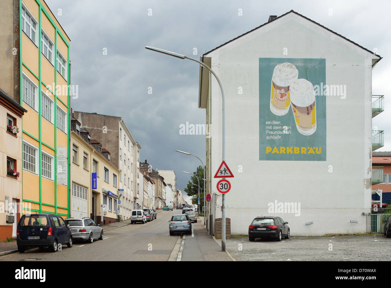 Pirmasens, Germany, House with Parkbraeu advertising on the facade in