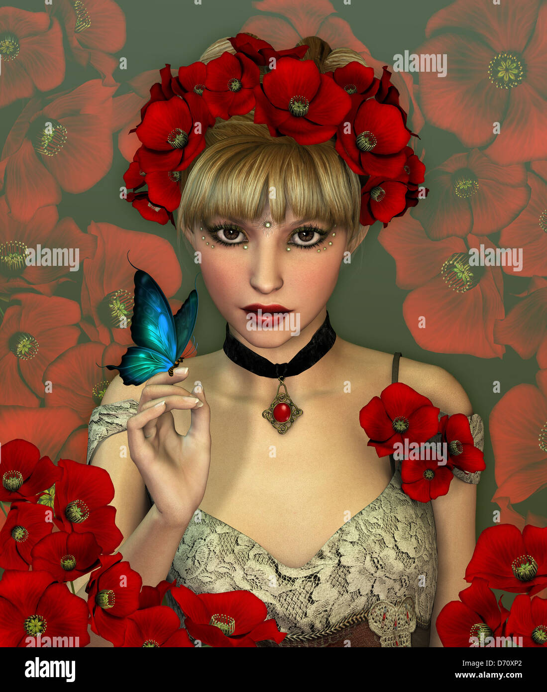 Portrait of a Girl with red Poppies in her Hair Stock Photo