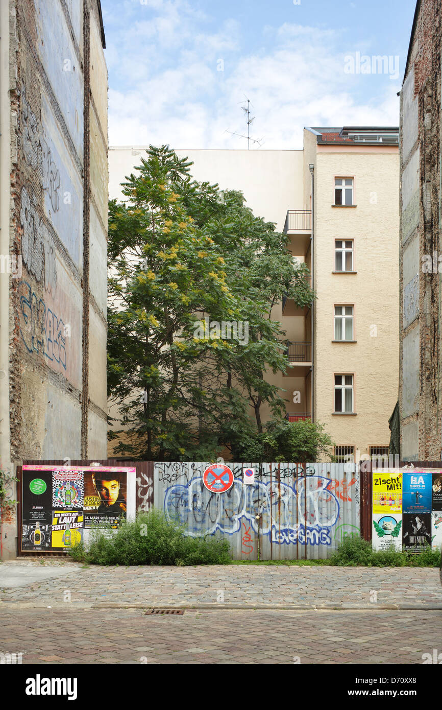 Berlin, Germany, vacant lot and sheet metal fence in the Lottumstrasse