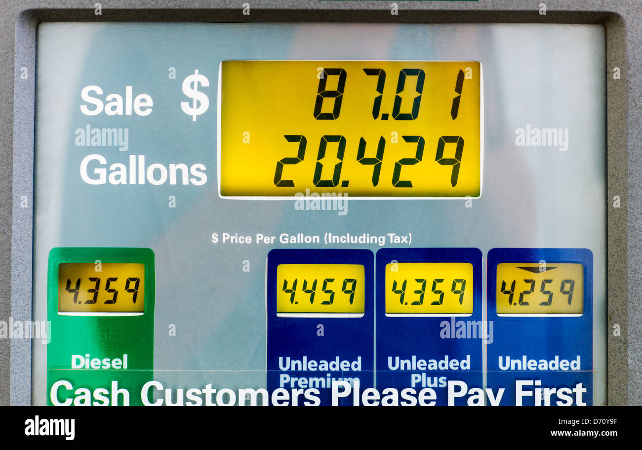 Expensive automotive gasoline over $4 per gallon ten miles north of entrance to Denali National Park, Alaska, USA Stock Photo