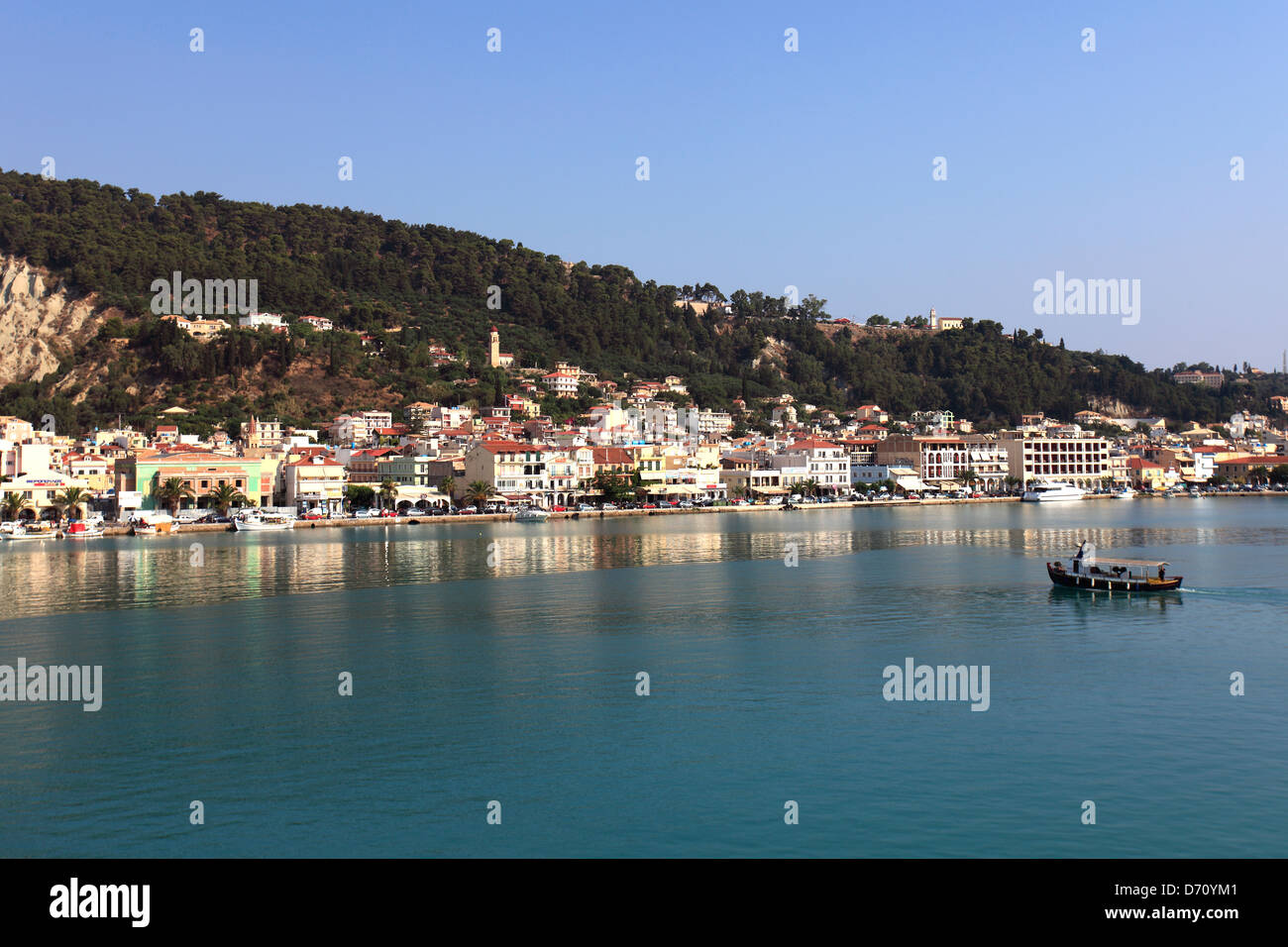 View over the harbour and Zakynthos town, Zakynthos Island, Zante, Greece, Europe. Stock Photo