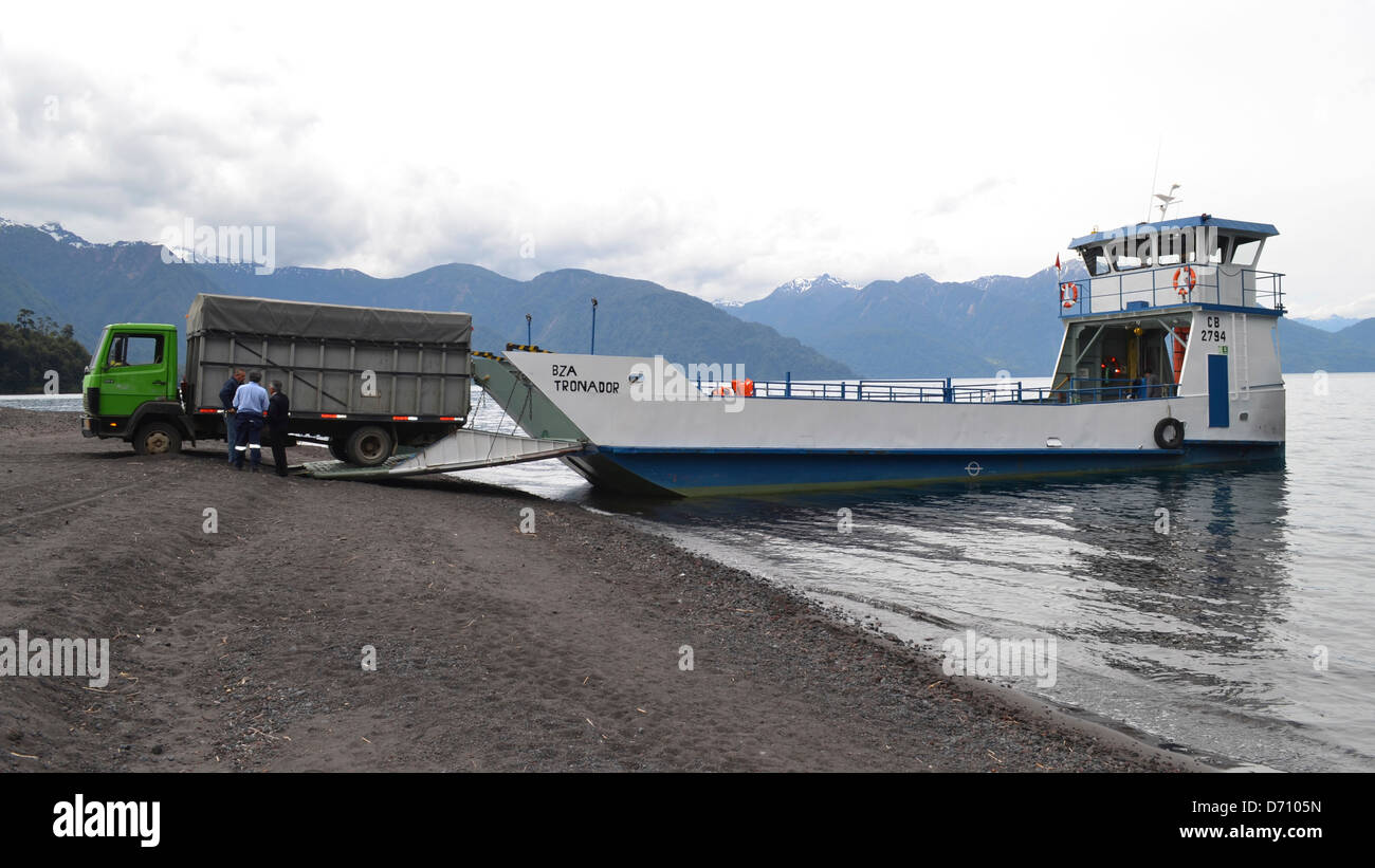 A truck rolls off a vehicle ferry in Petrohue, Chilean Patagonia Stock Photo