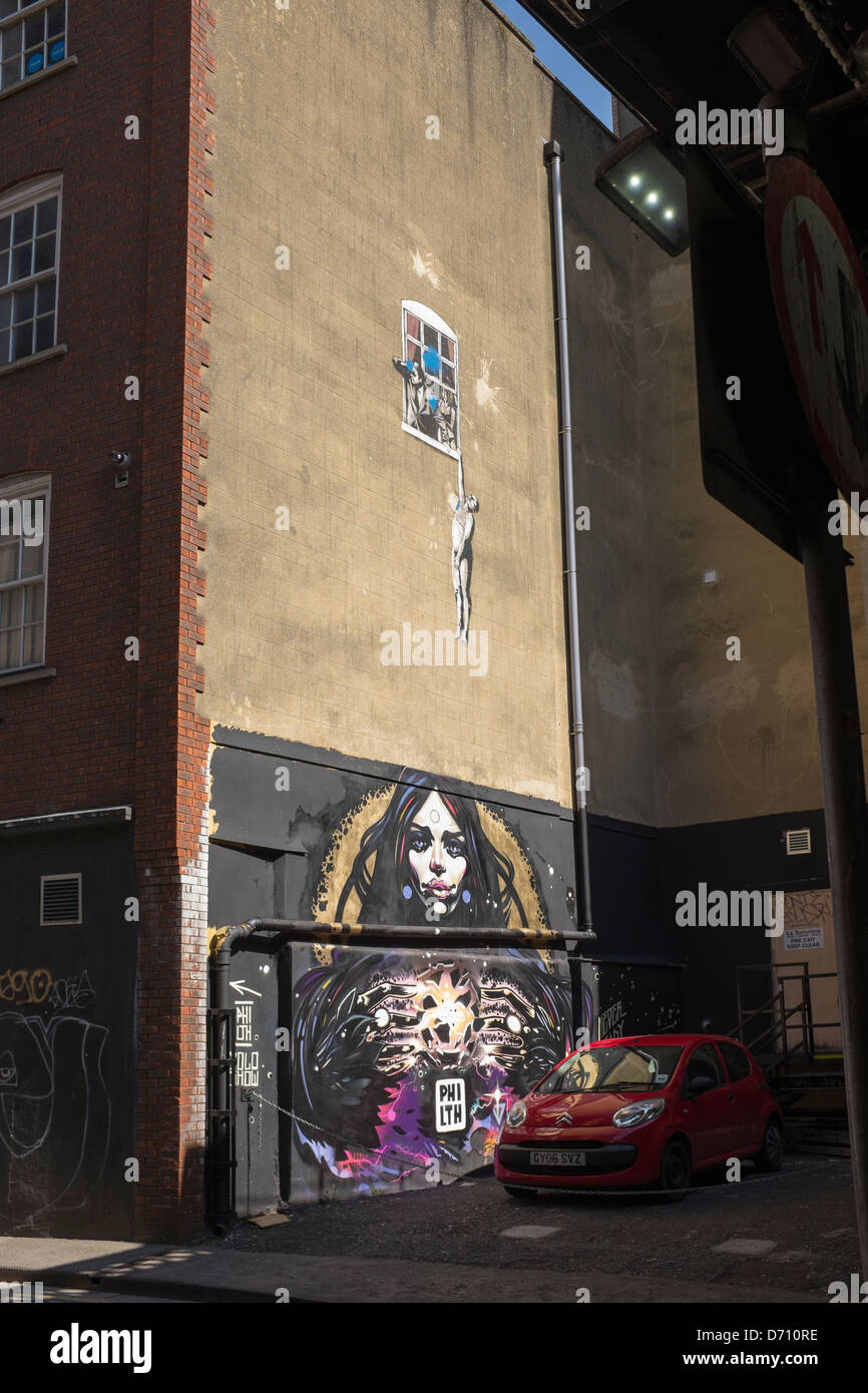 Banksys Hanging Man Mural Philth Solo Show Mural Frogmore Street Bristol Stock Photo