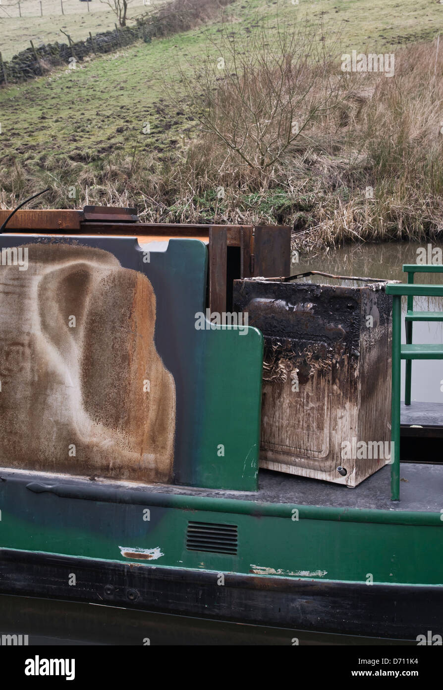 fire damaged narrow boat and burnt out washing machine peak forest