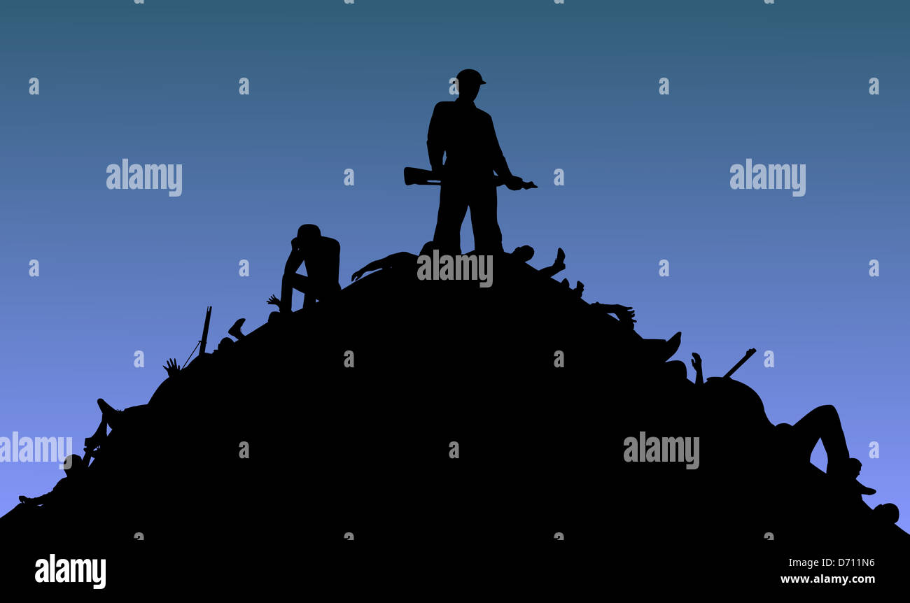 Illustration of a soldier standing on top of a pile of bodies Stock Photo