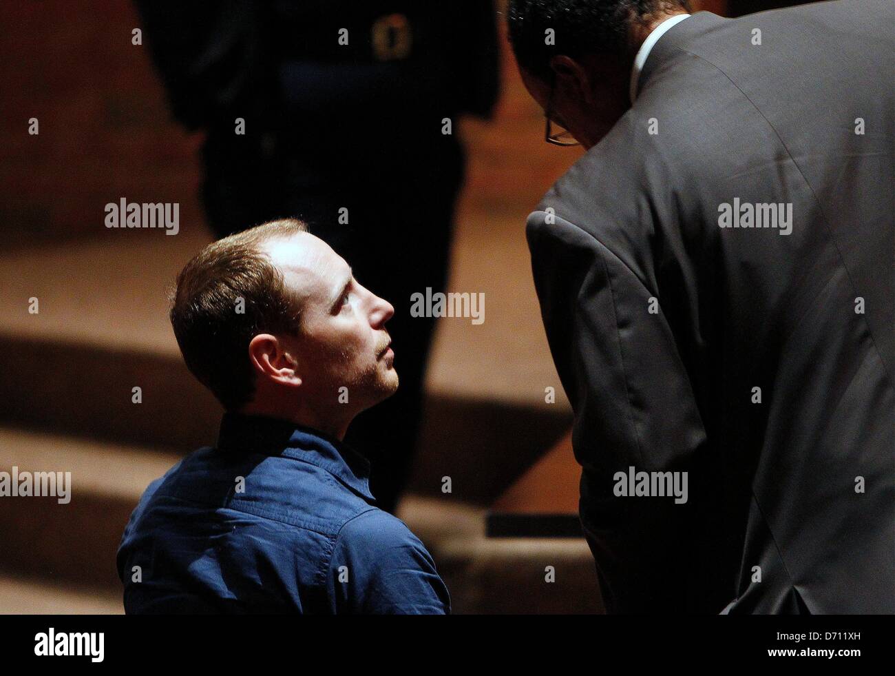 April 24, 2013 - Germantown, Tenn, U.S. - April 24, 2013 - Chris Jones (left) appears in a Germantown court on the charge of second-degree murder Wednesday in the death of his wife Heather Palumbo-Jones. (Credit Image: © Mark Weber/The Commercial Appeal/ZUMAPRESS.com) Stock Photo