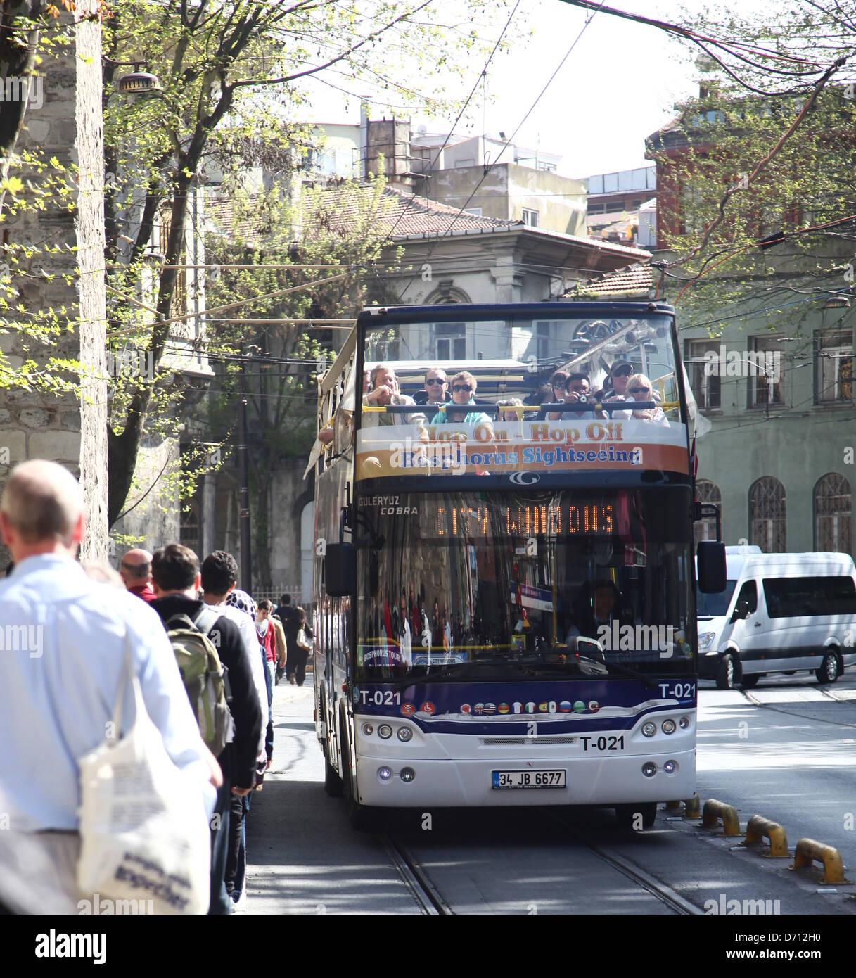 Open top tourist bus on the streets of Istanbul, In Turkey, April 2013 Stock Photo