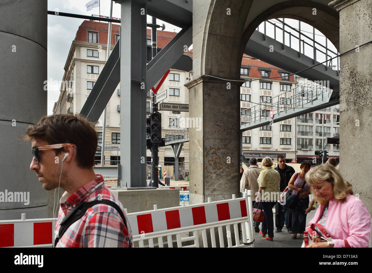 Berlin, Germany, pedestrians between closures and a temporary bridge
