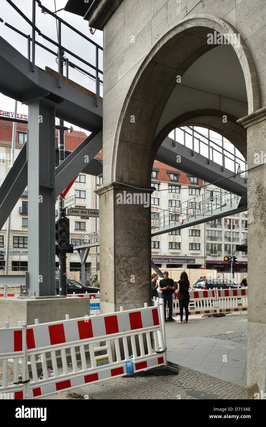 Berlin, Germany, pedestrians between closures and a temporary bridge