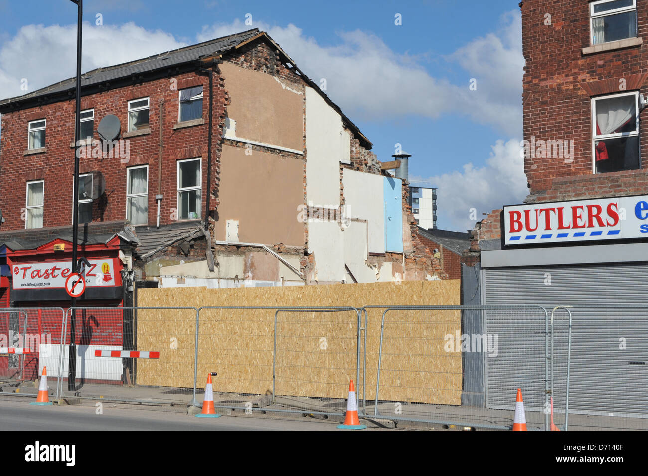 Sheffield, UK. A three-storey building collapsed after a load-bearing column was damaged by a digger. Stock Photo