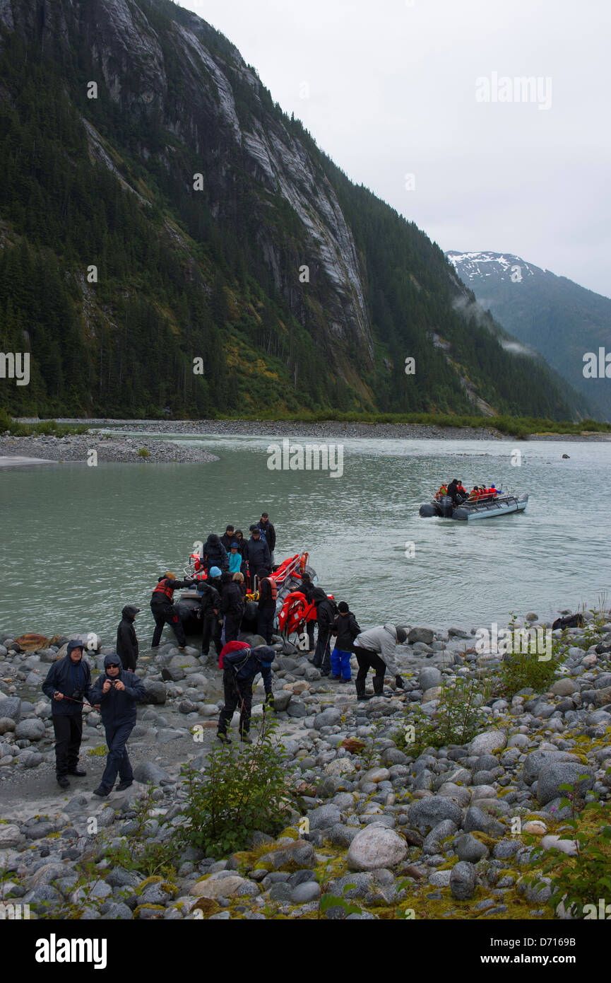 Hikers at Baird Glacier in Scenery Cove, Thomas Bay, Tongass National Forest, Alaska, USA Stock Photo