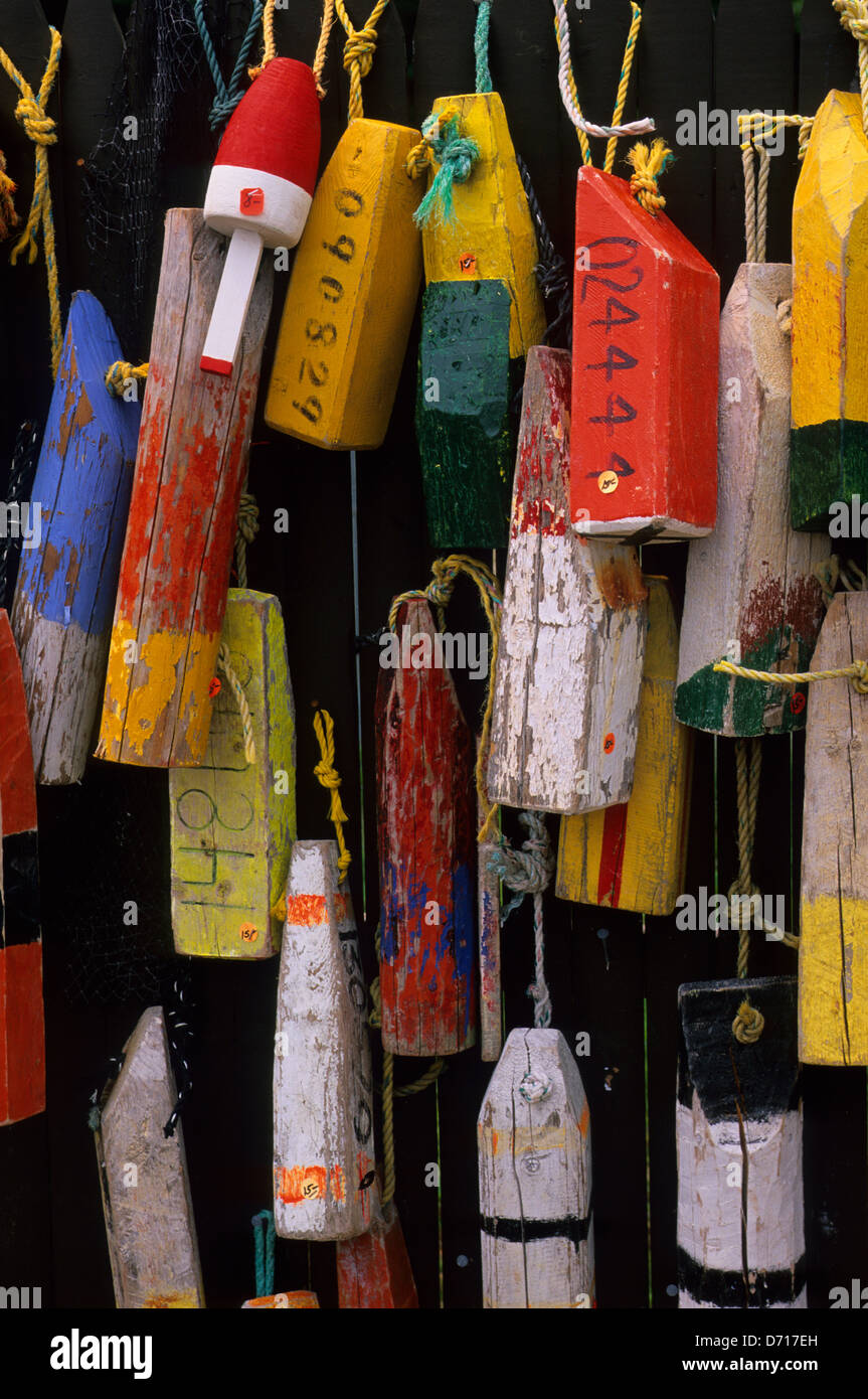 USA, Maine, Mount Desert Island, Colorful Lobster Buoys Stock Photo