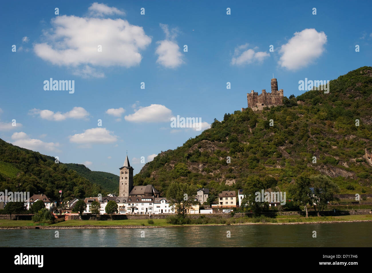 Germany, Rhine River, View Of Wellmich With  Castle Maus Above Stock Photo