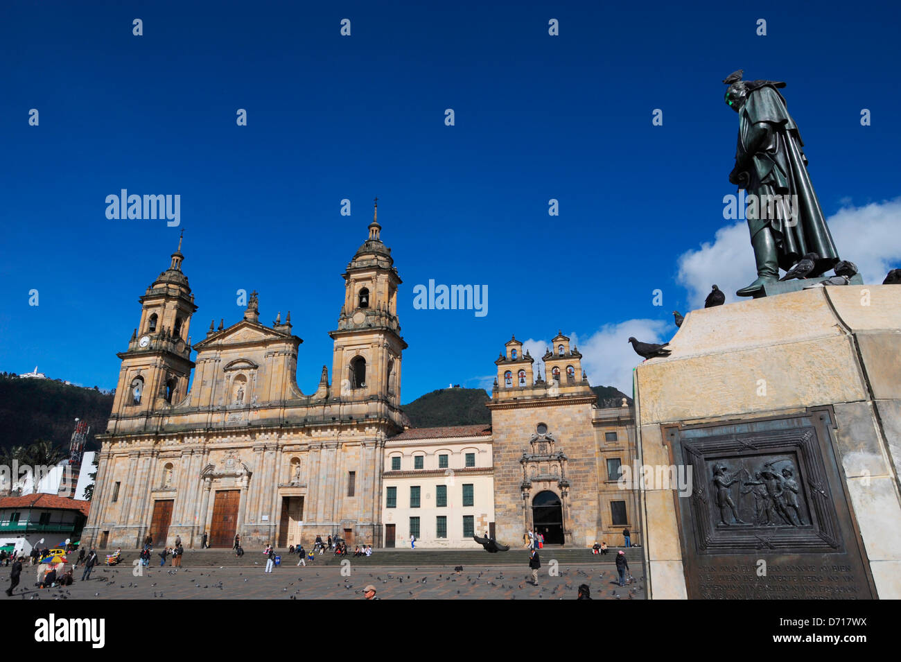 Statue Simon Bolivar Cathedral Bogota On Plaza De Bolivar In La Candelaria Old