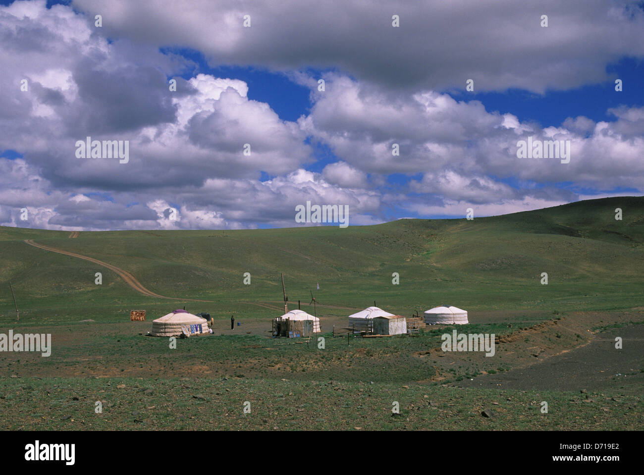 Mongolia, Gobi Desert, Near Dalanzadgad, Grasslands (Steppes), Gers (Yurts) Stock Photo