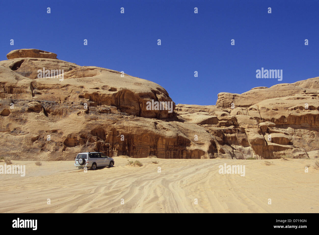 Jordan, Wadi Rum, Landscape At Um Frouth Rock Bridge, Car Stock Photo