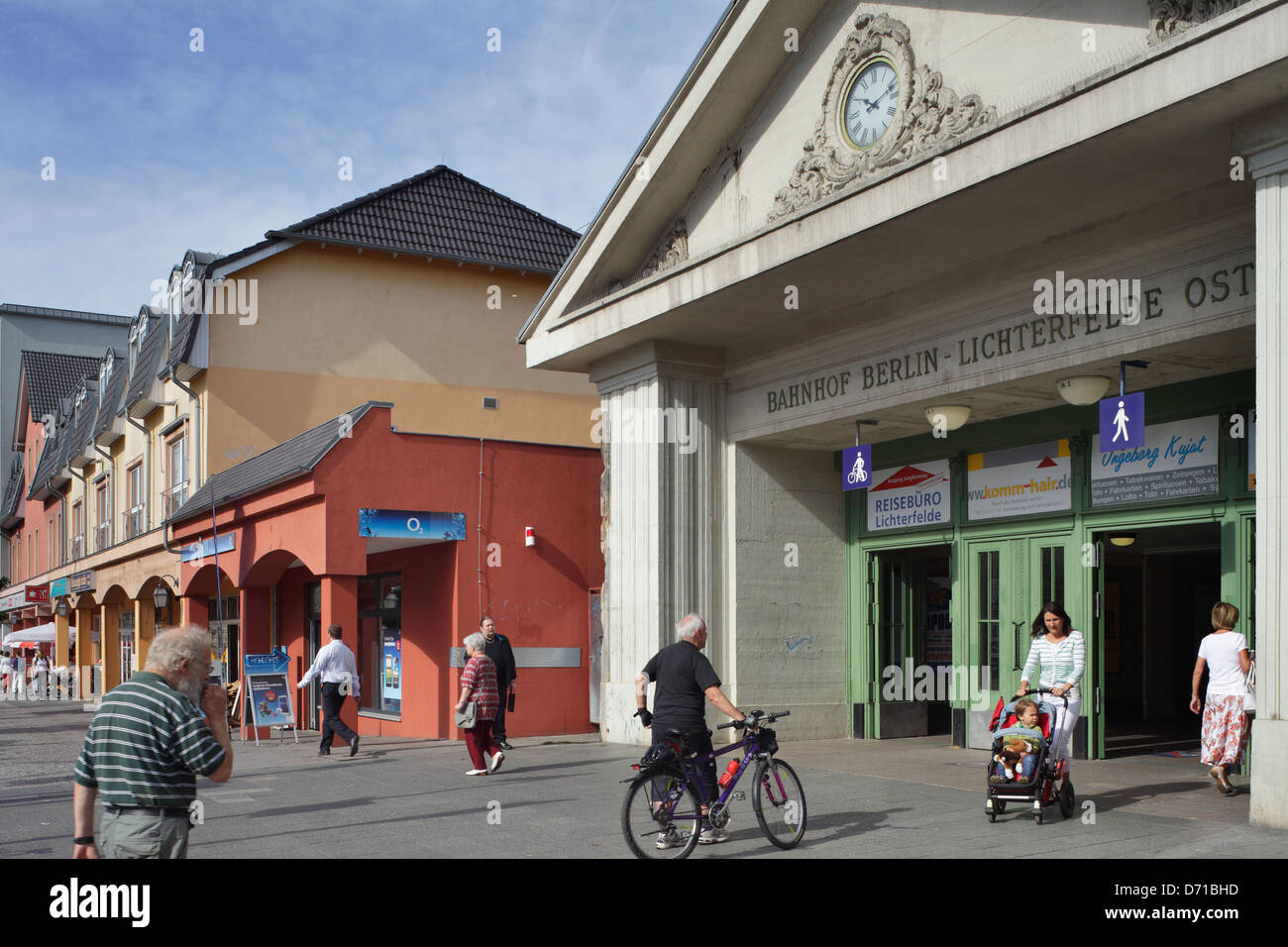 Berlin, Germany, row of shops and train station Lichterfelde East on Kranoldplatz Stock Photo