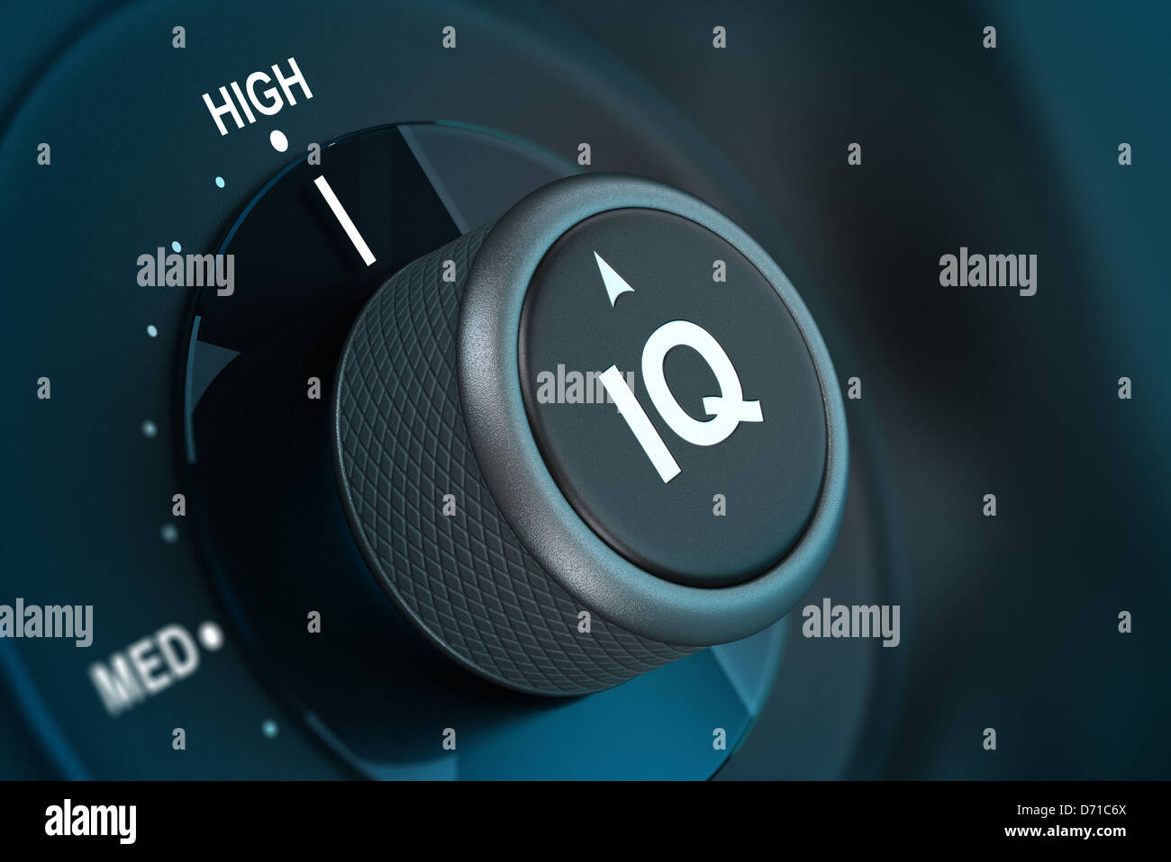 IQ button pointing on hith level, 3d render image vith blue tones and blur effect Stock Photo