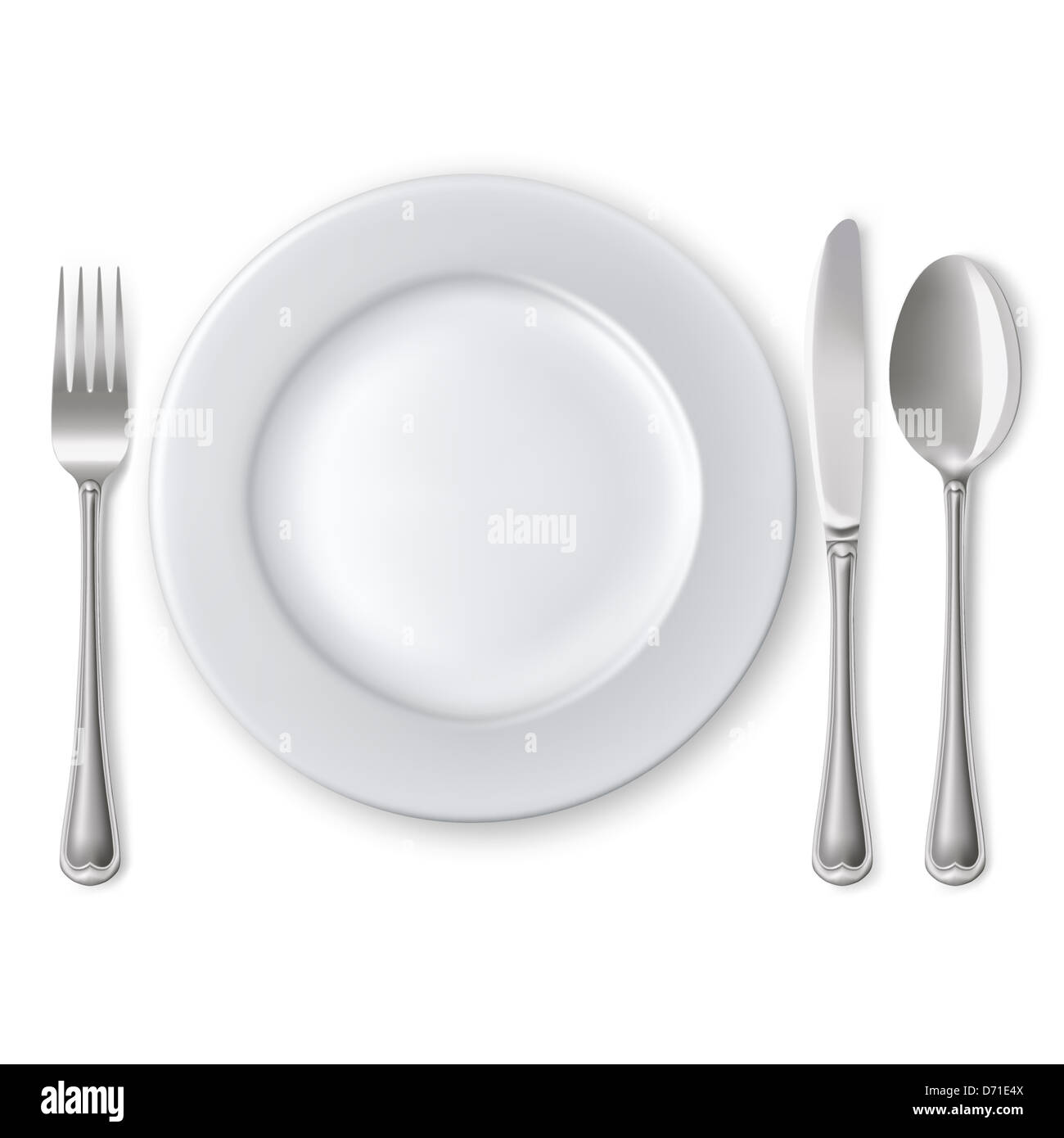 Empty plate with spoon, knife and fork on a white background. Mesh. Clipping Mask. Stock Photo