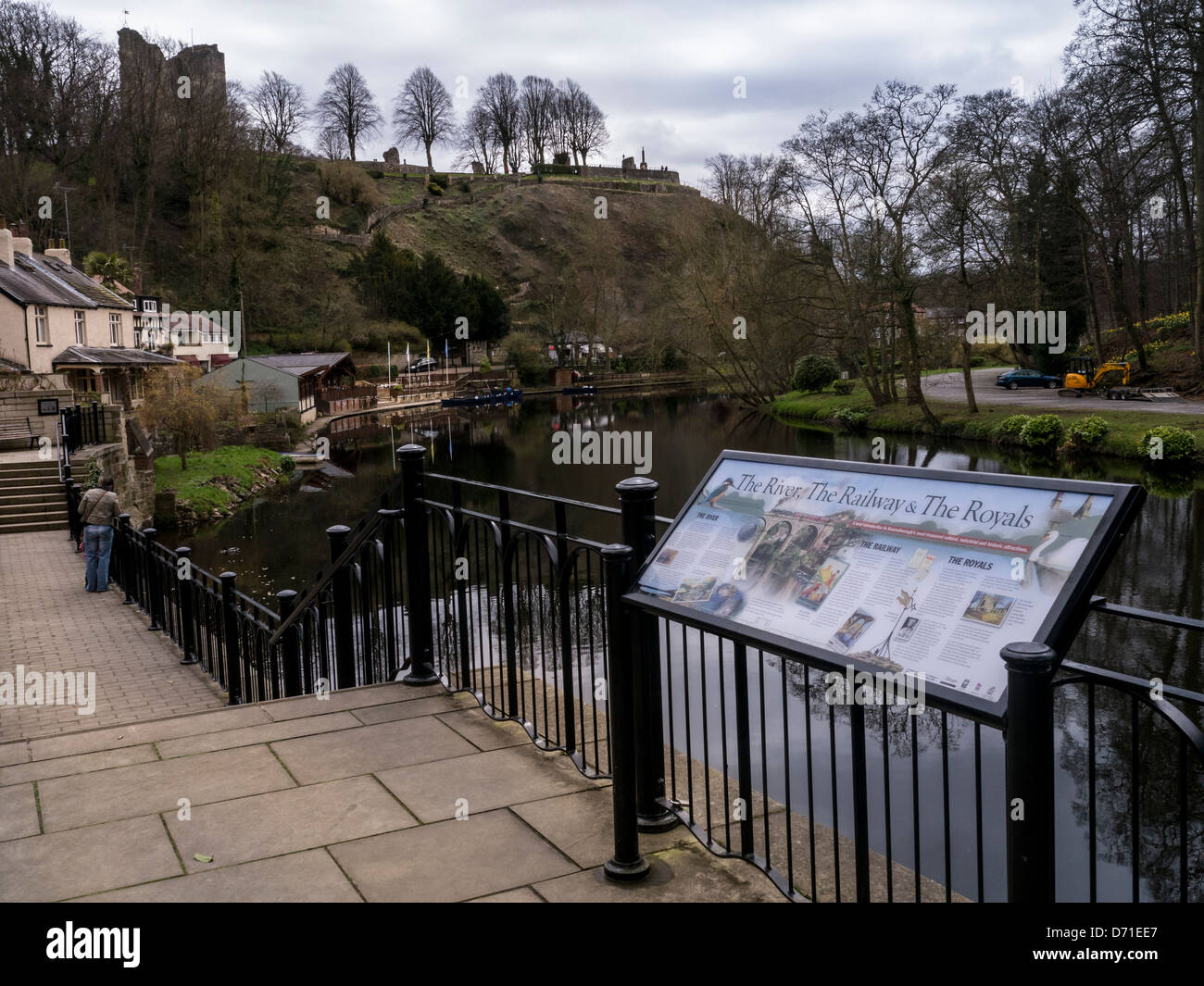 KNARESBOROUGH, NORTH YORKSHIRE - APRIL 19, 2013:  Tourist information board with the River Nidd and the Castle in the background Stock Photo