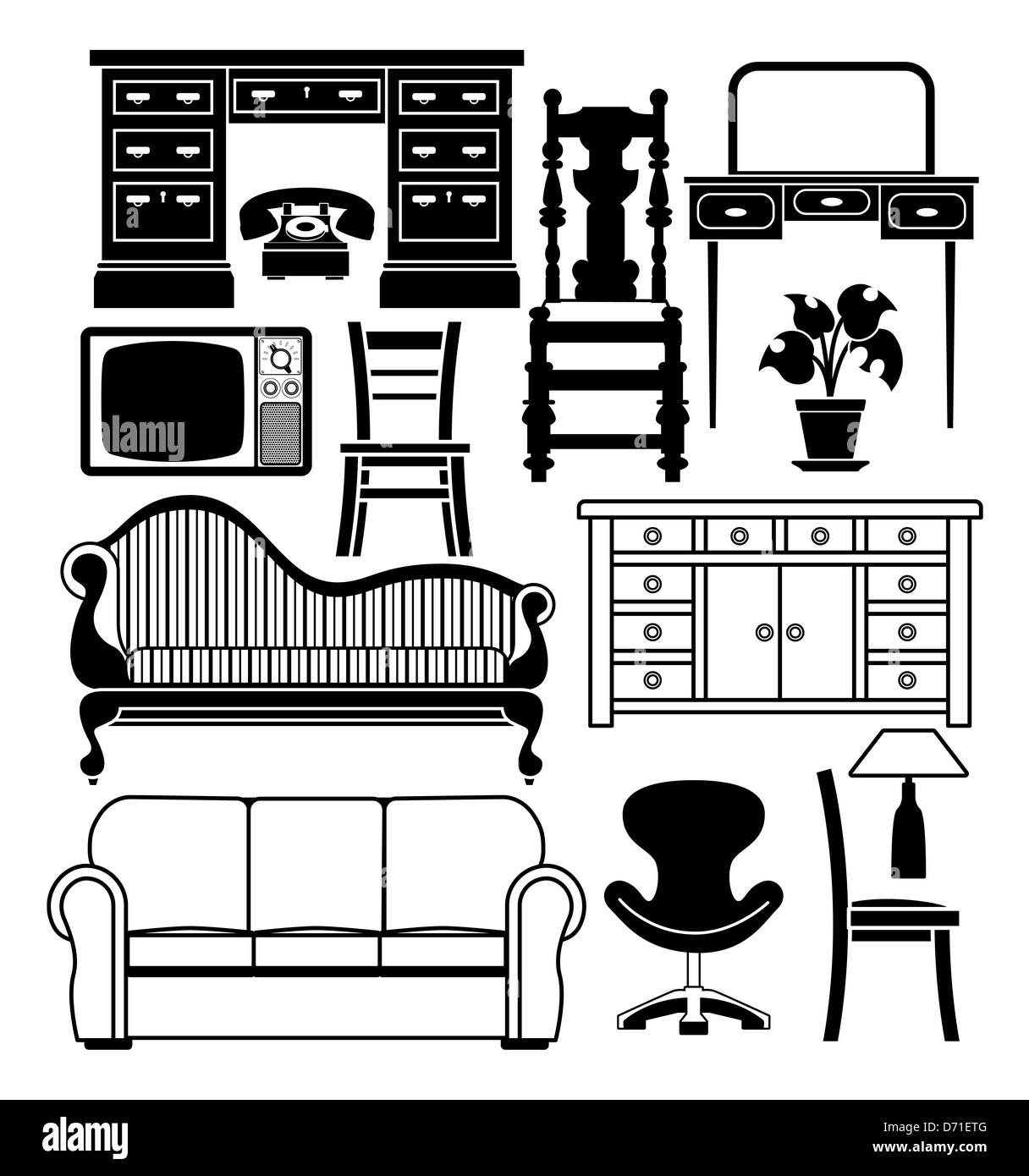 An illustration of a set of black and white furniture graphics Stock