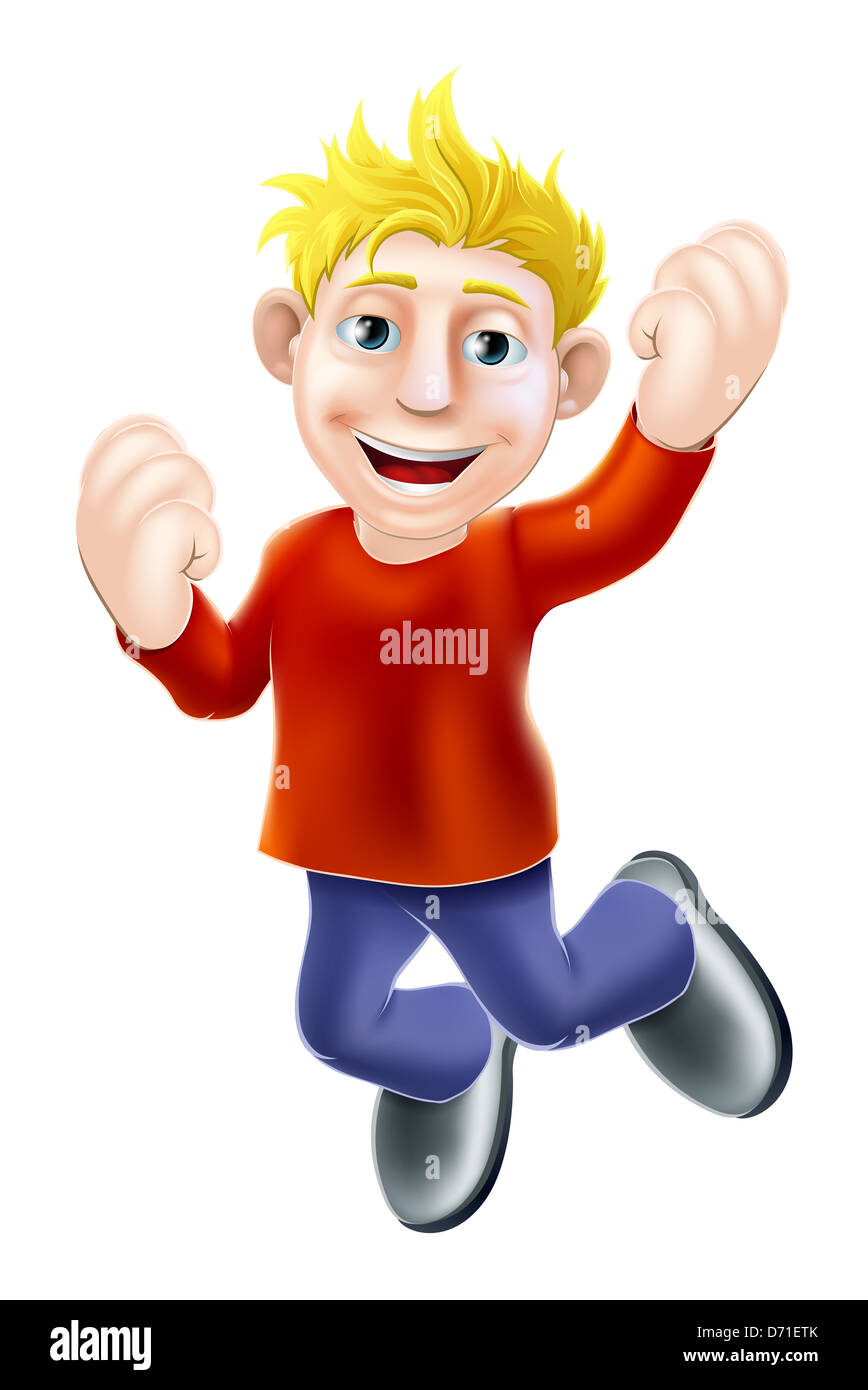 A cartoon casually dressed man happily jumping in the air Stock Photo