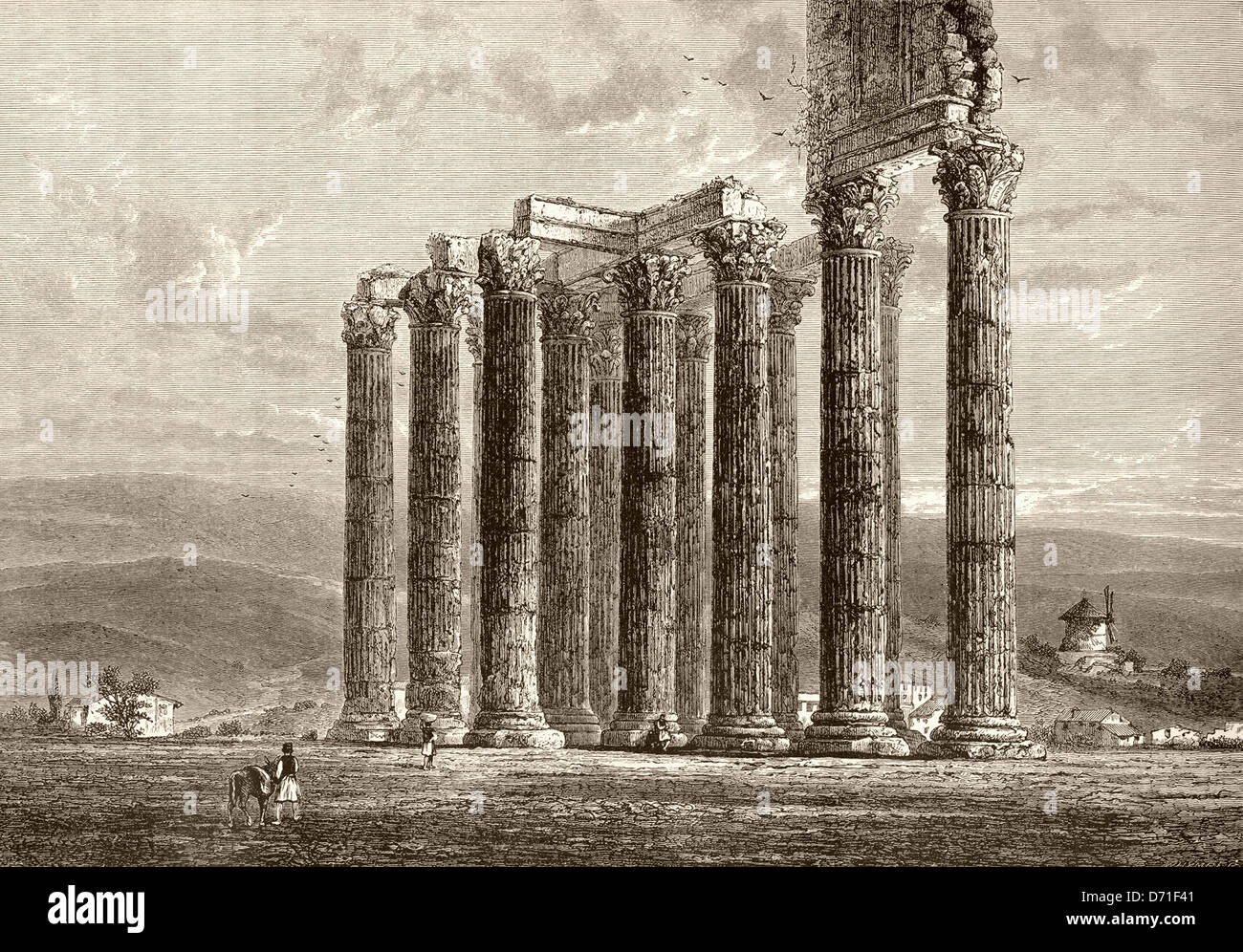 Historic drawing, ruins of the Temple of Zeus at Olympia, 19th Century