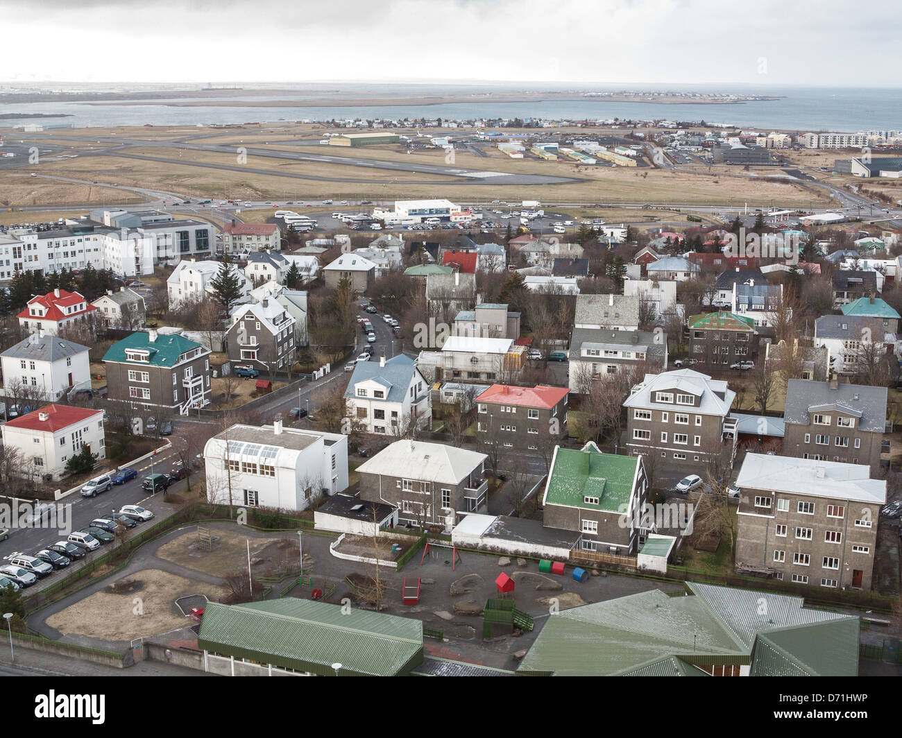 View over central Reykjavik including Domestic Airport Stock Photo
