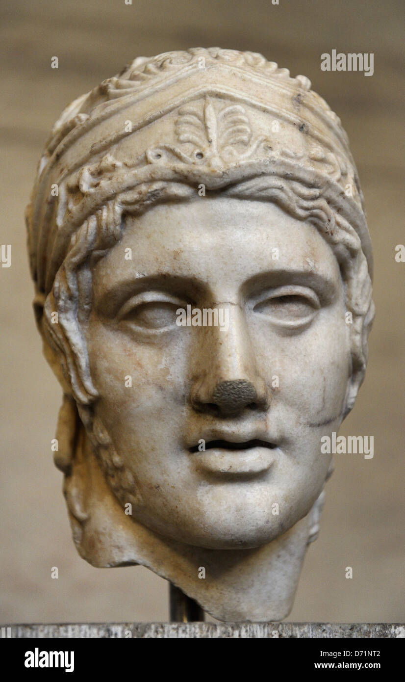Ares, the god of war. Roman equivalent : Mars. Head of a statue of Ares. Roman sculpture after original of about 430 BC. Stock Photo