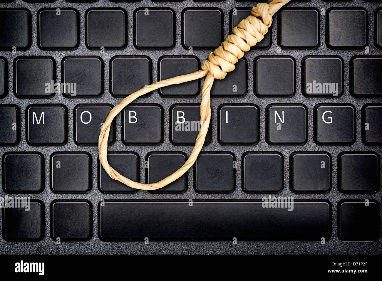 The word Harassment on a computer keyboard and gallows bird, on-line harassment Stock Photo