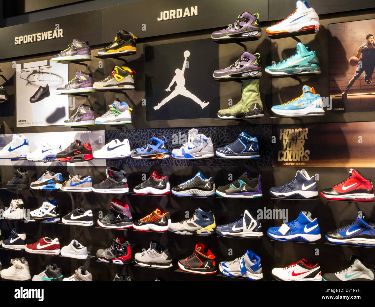 Athletic Footwear Wall, Featuring Nike Shoes   with Swoosh Logo, Modell's Sporting Goods Store Interior, NYC Stock Photo