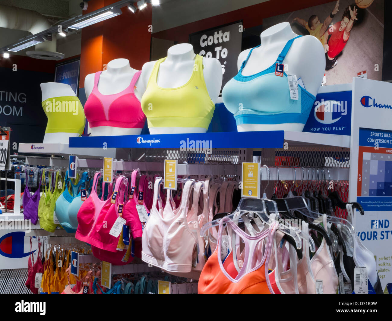 Sports Bras Display, Modell's Sporting Goods Store Interior, NYC Stock Photo