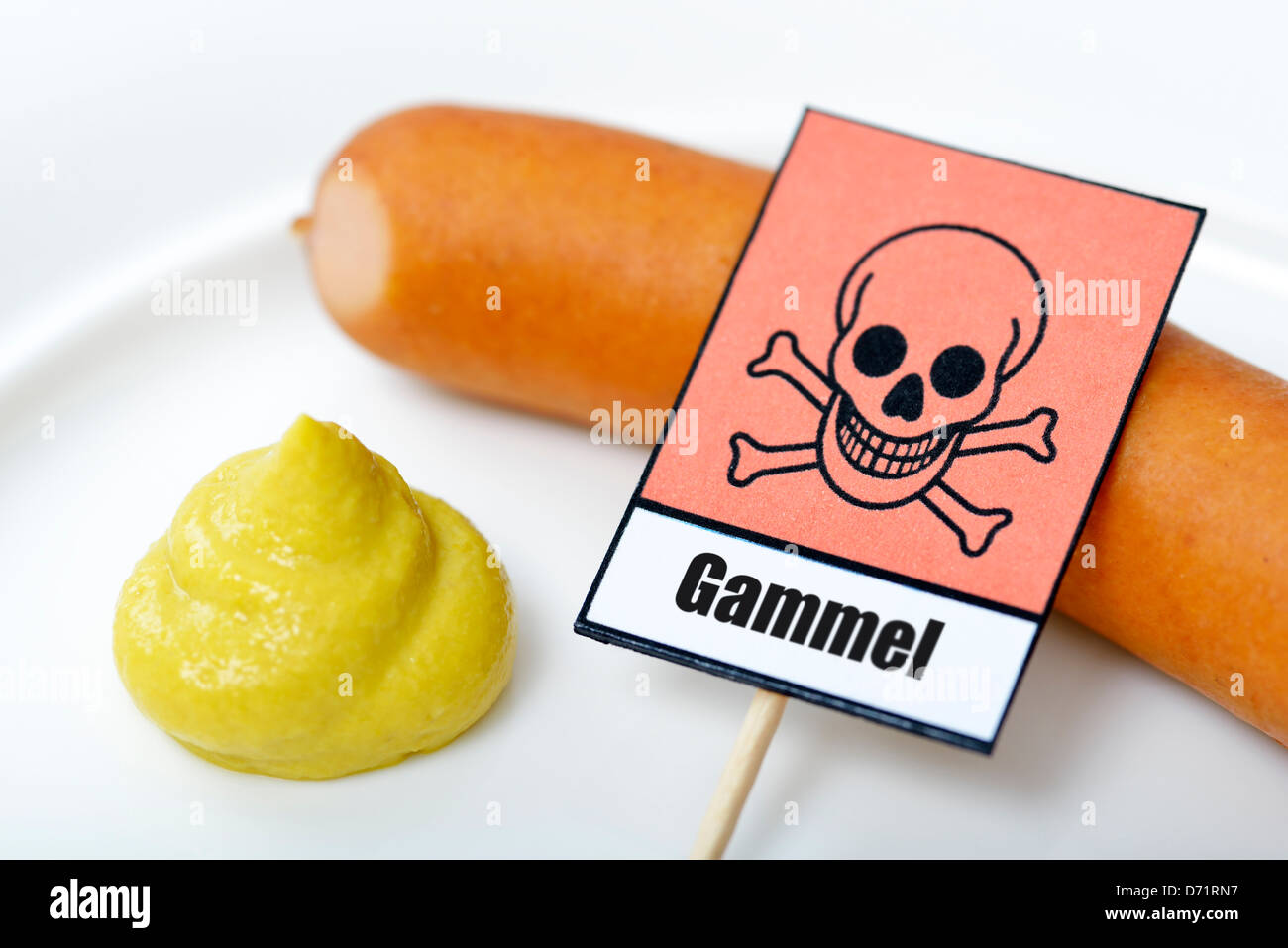 Small sausages with death's-head warning and Gammel stroke, Gammelfleisch Stock Photo