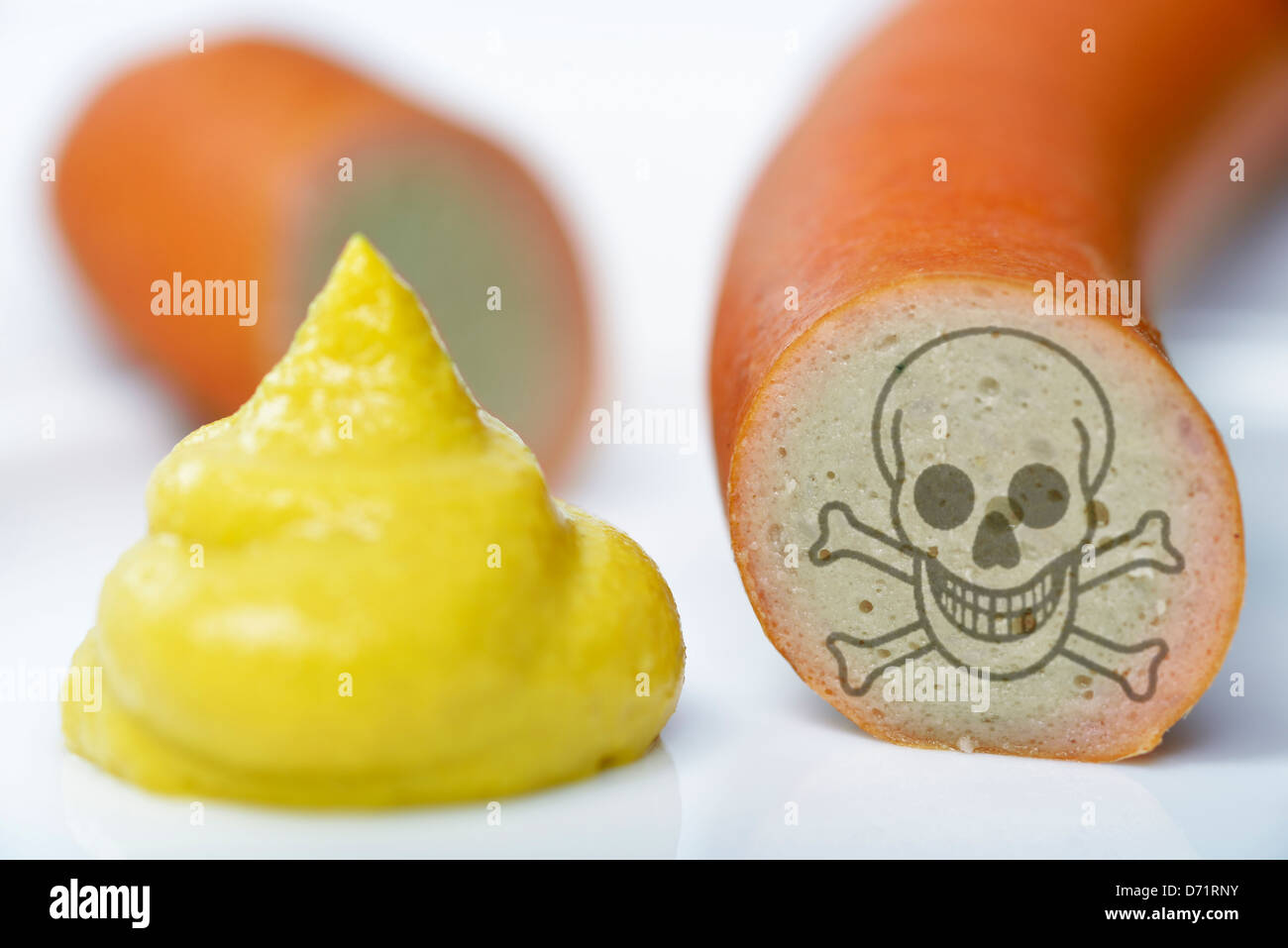 Schimmeliges small sausage with death's-head sign, symbolic photo Gammelfleisch Stock Photo