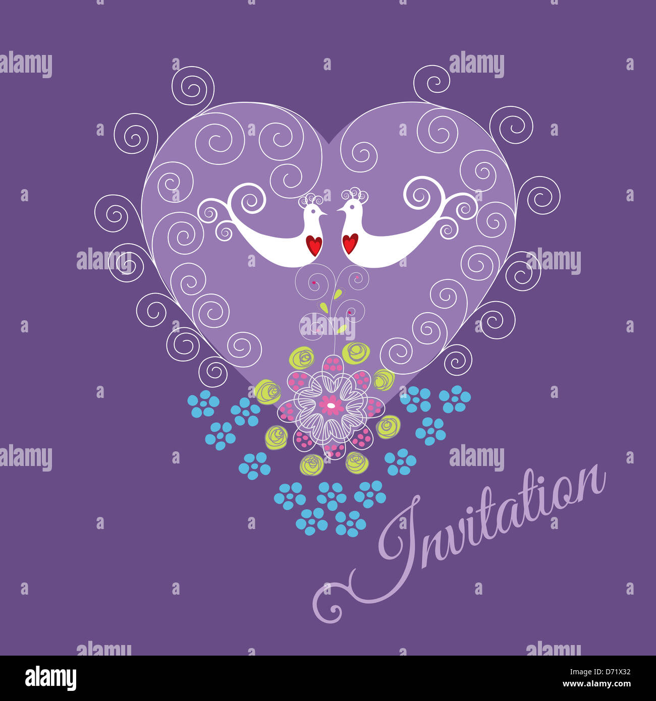 Purple invitation with two love birds, heart ornament, swirls and flowers Stock Photo