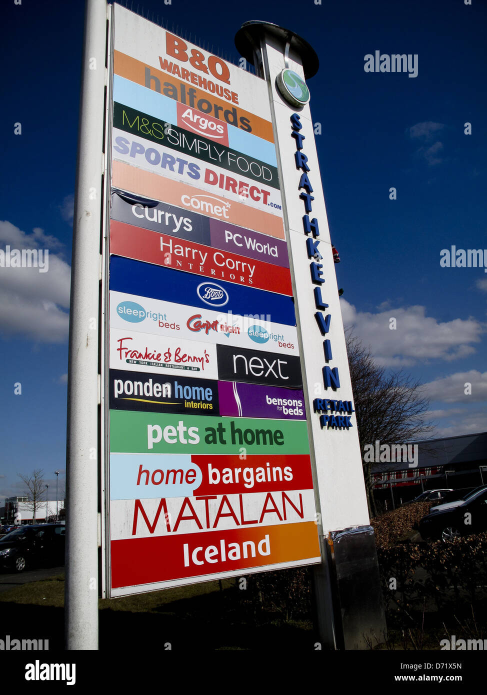 Retail park sign Bishopbriggs with list of outlets Stock Photo