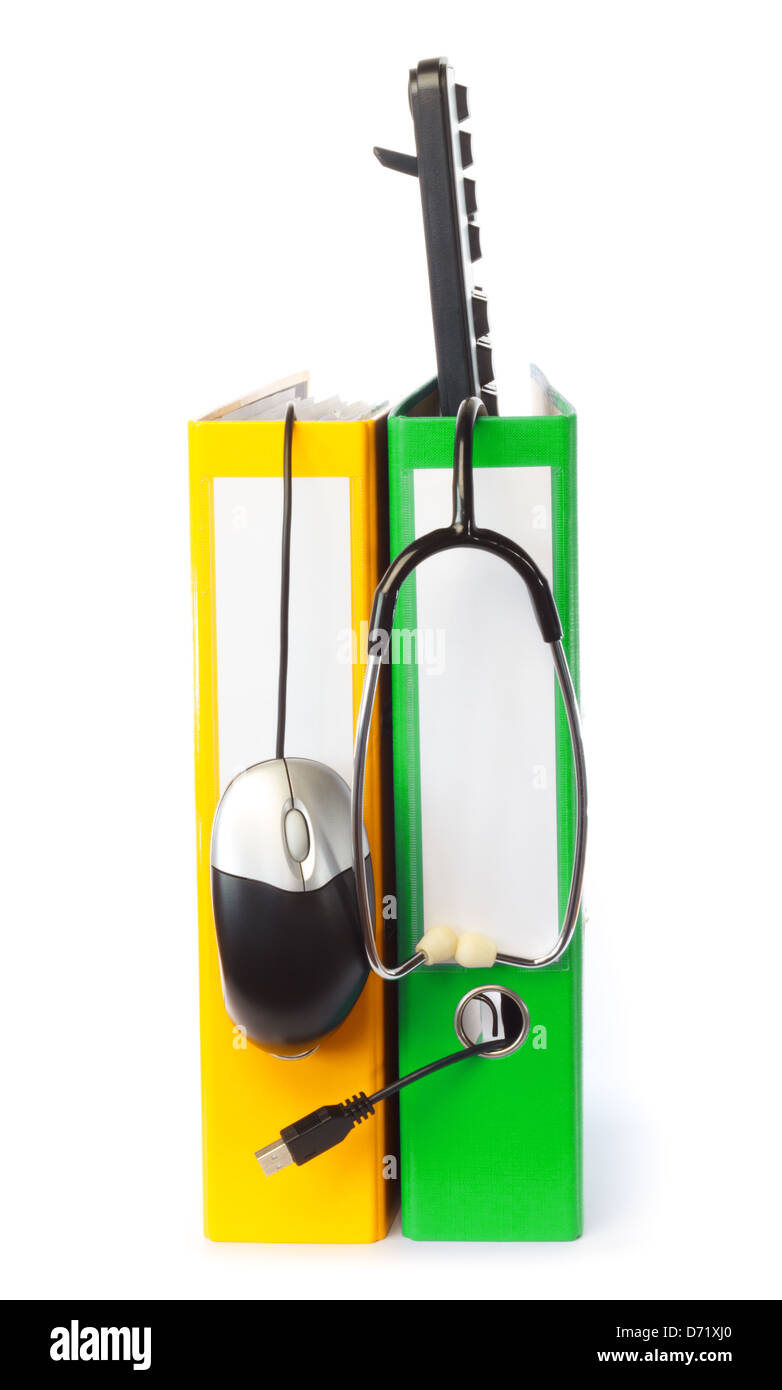 Computer keyboard, mouse and stethoscope with ring binder against white background Stock Photo