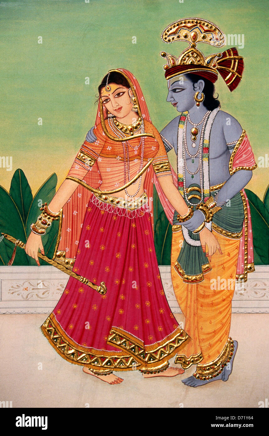 romantic depiction of HIndu god Krishna and Radha. Painting from India Stock Photo