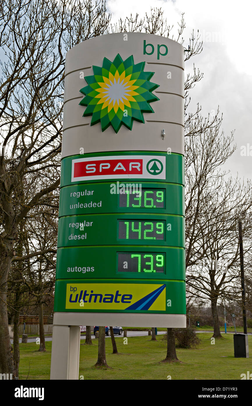 Forecourt fuel price display at a UK garage Stock Photo
