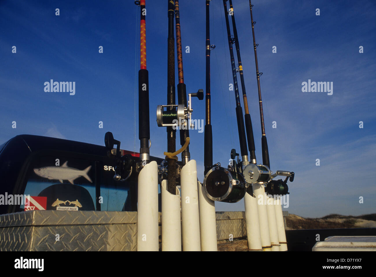A truck mounted rod rack used surf fishing on the beach at Matagorda Island  Texas Stock Photo - Alamy