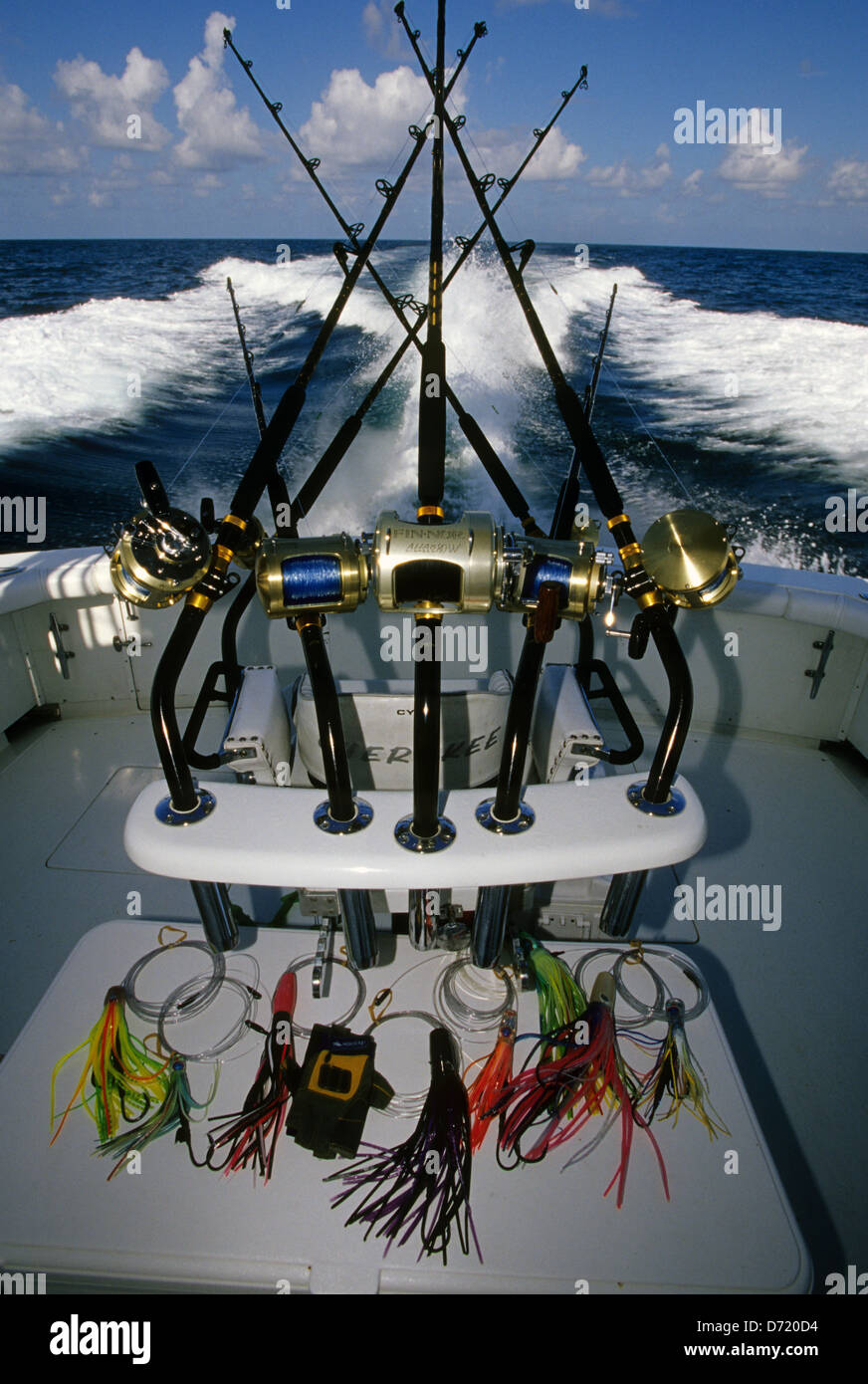Trolling rods and reels used for offshore and deep sea fishing near Port Aransas Texas Stock Photo
