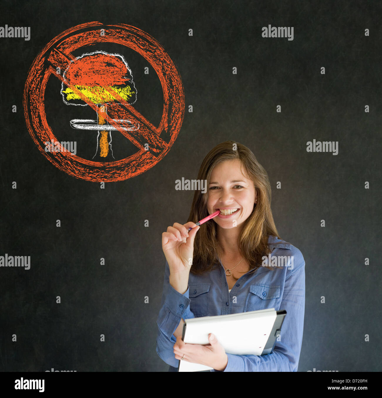 Business woman, student, teacher or politician no nuclear bombs war pacifist thought thinking chalk cloud blackboard background Stock Photo